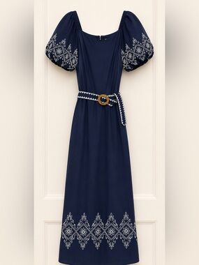 Embroidered Anna Cate Navy Maxi Dress with Contrast Belt
